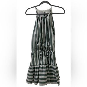 Mustard Seed sleeveless dress with tie. Green and white stripes.